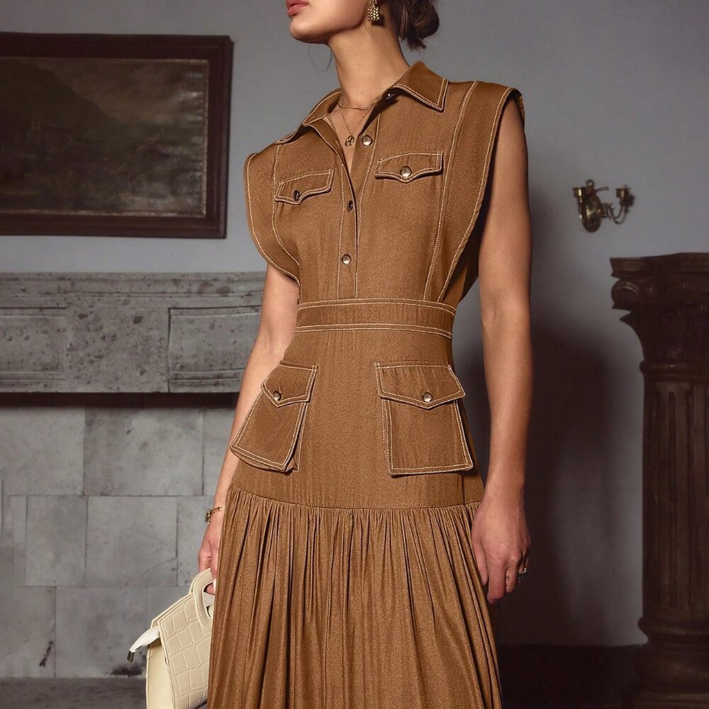 Brown Elegant Women's Sleeveless Dress with Pleated Pocket - Picture 4 of 4